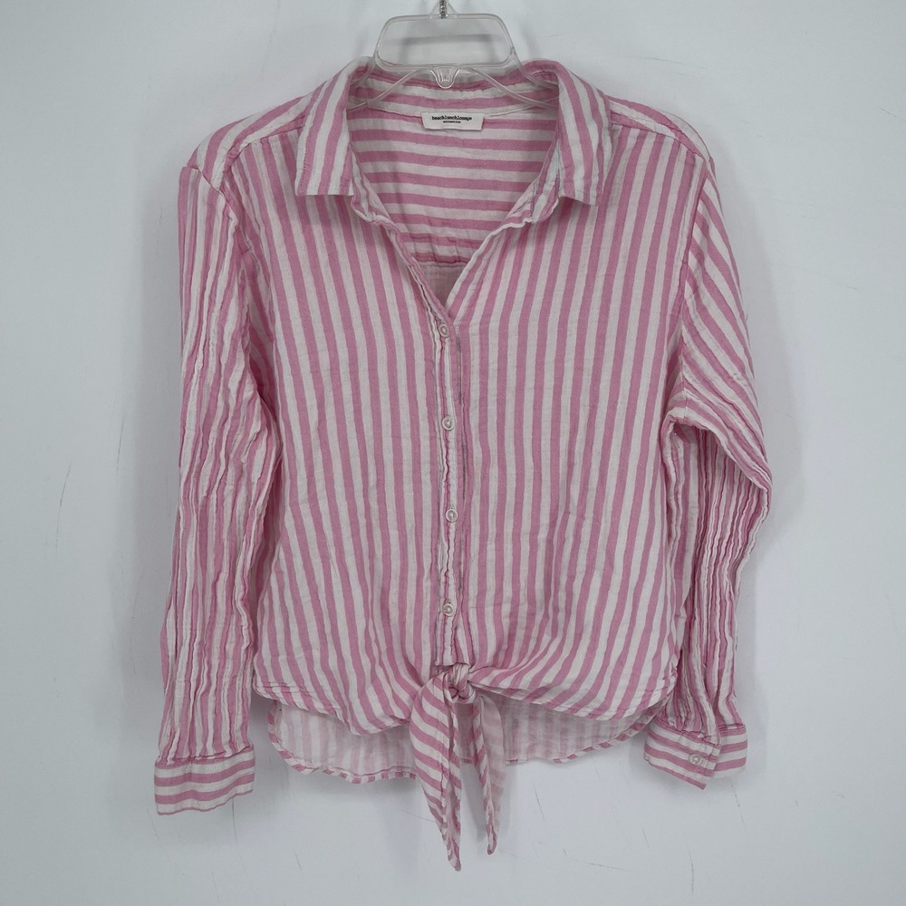 beachlunchlounge Women's Pink Striped Tie Front Preppy Button Front Shirt Size L